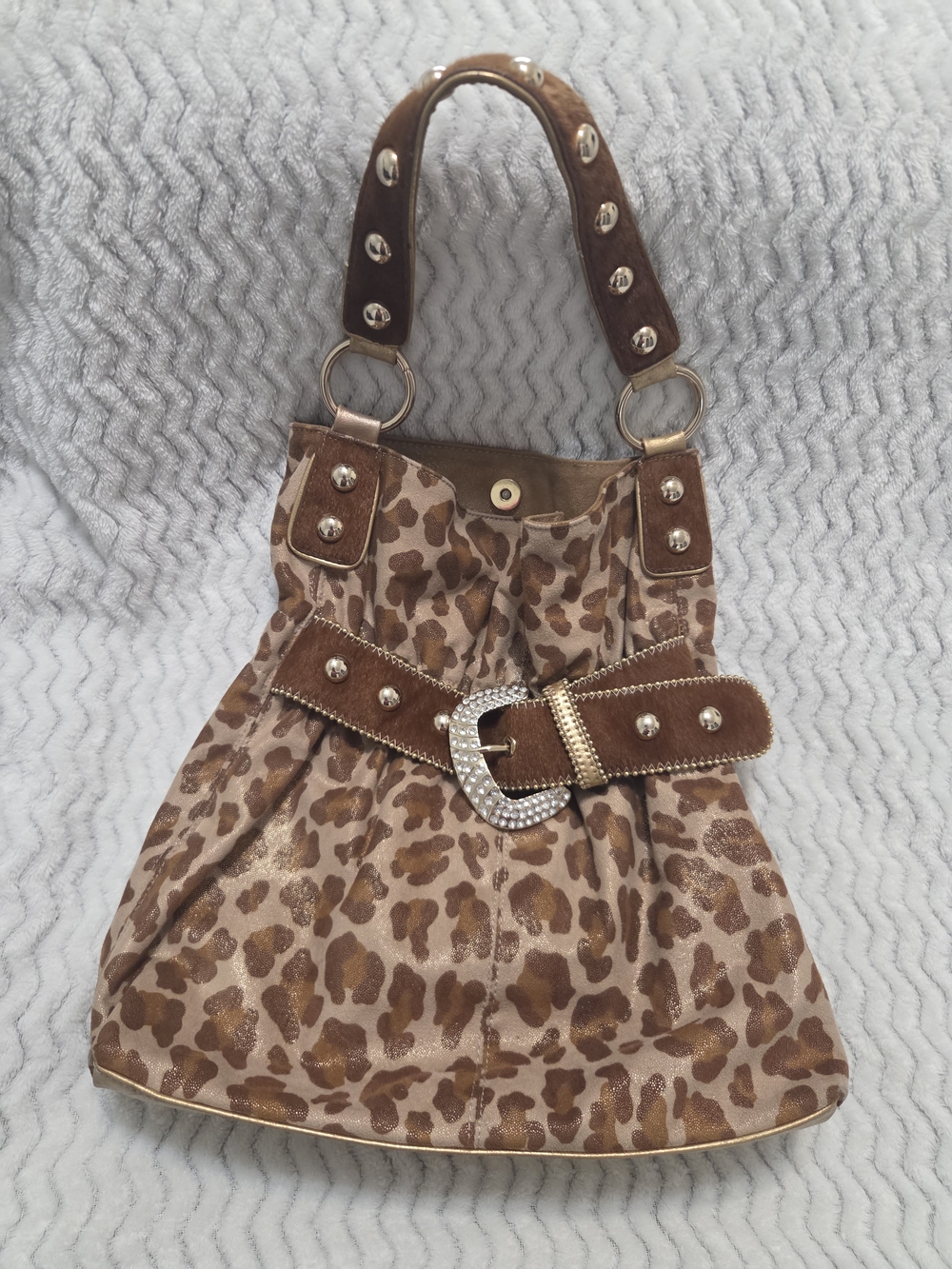 Kathy Van Zeeland Leopard-Print Brown Shoulder Bag with Studded Belt